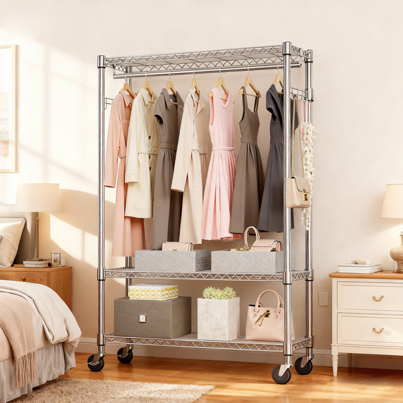 Portant à vêtements robuste à roulettes - Cintre ajustable en métal, chrome