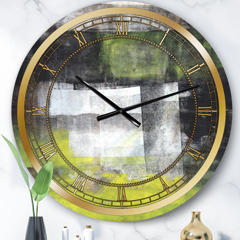 Gris et jaune bleu abstrait II - horloge murale moderne, Petit