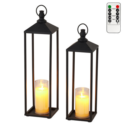 19" & 22" Metal Candle Lanterns Set with LED Candles, Decorative Indoor Outdoor for Patio Porch Garden, Black