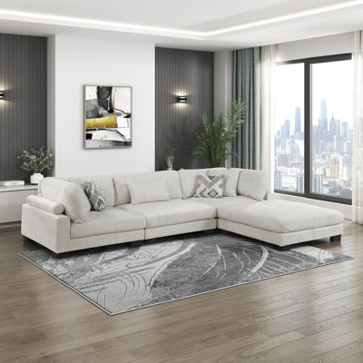Brinsley 135" Modern Modular Sectional with Microfiber Fabric, Included Ottoman & 5 Pillows