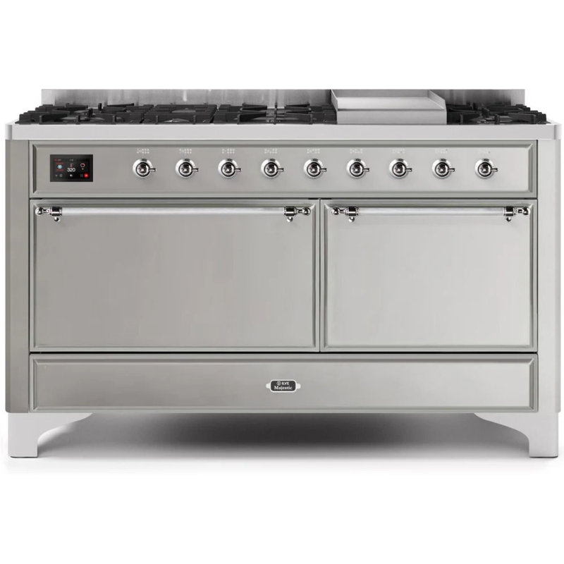 ILVE UM15FDQNS3BKCLP Majestic II 60 inch Dual Fuel Range with 9 Burners, Griddle (Liquid Propane, Solid Door, Glossy Black, Chrome)