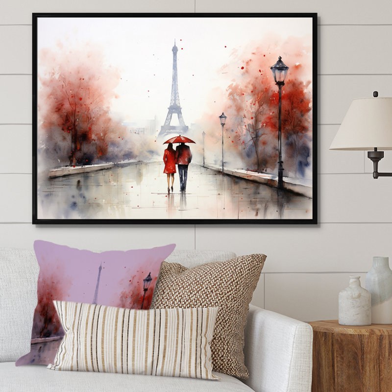 «In Love In Paris Eiffel Tower Vintage Watercolor - Paris Large Wall Art», H 16 po x l 32 po x P 1 po, Cadre flottant noir