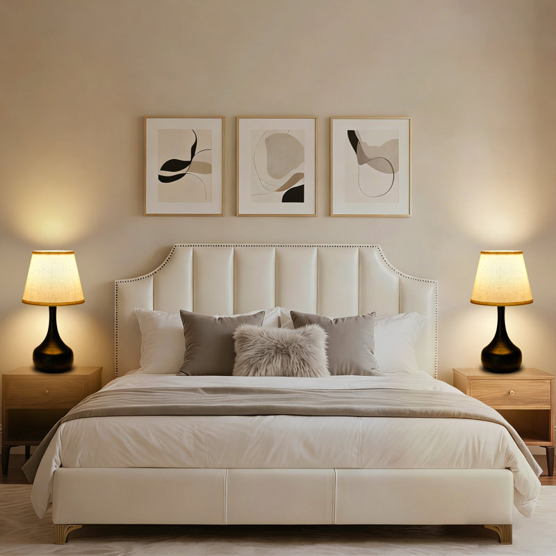 17.3" Modern Touch Table Lamps Set Of 2, 3-way Dimmable Bedside Lamps With Beige Linen Shade And Metal Base, Led Bulbs Included