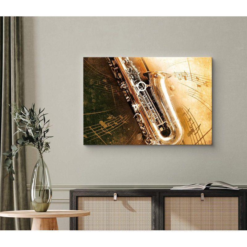 Music " Bronze Saxophone With Swirling Music Notes ", 12" H x 18" W x 1.5" D