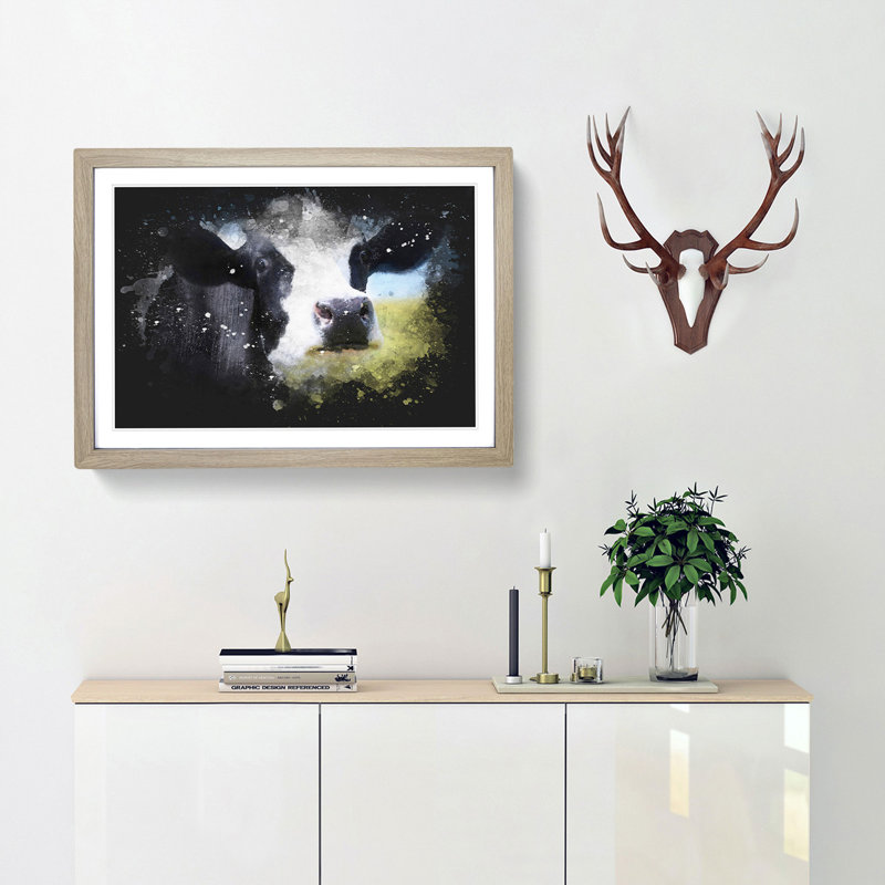 A Cow in the Meadow - Picture Frame Graphic Art Print, Oak Framed, 45cm H x 63cm W x 2cm D