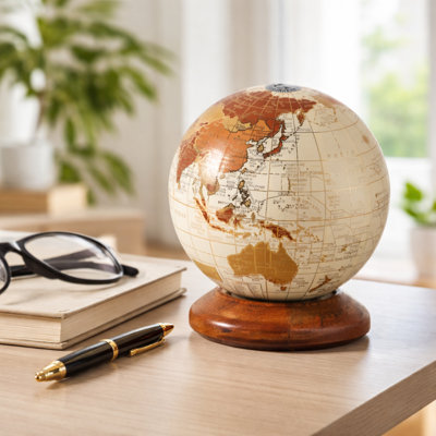 Detailed Plastic Globe Sculpture With Wooden Base For Home Decor - Classic Decorative Desk Object Ideal Decoration For Living Room - 6", Brown & White