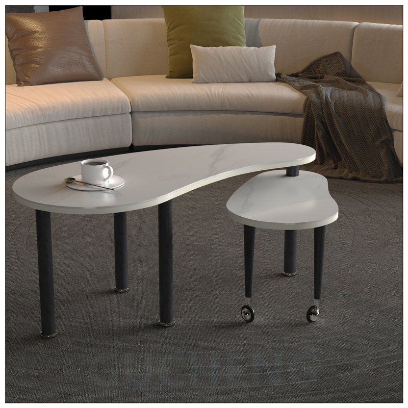 Table basse contemporaine rotative avec plateau en pierre frittée et pieds en bois d'hévéa massif, parfaite pour le salon et le bureau personnel
