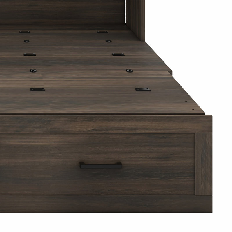 Lit armoire escamotable avec station de charge Murphy, lit plateforme pliable avec grand tiroir de rangement, Gris rustique