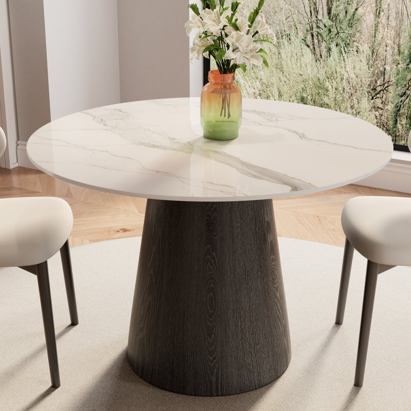 Round Dining Table 39"/43" Small Kitchen Table For 2/4 Person, Snow Mountain White, 29.5"H x 43.31"L x 43.31"W, Black