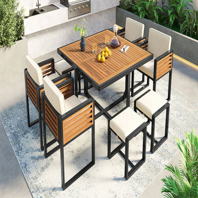 Ensemble de salle à manger 9 pièces en bois d'acacia, ensemble de patio extérieur peu encombrant, 4 chaises rembourrées, 4 repose-pieds et 1 table carrée pour la cour, le jardin, la terrasse et la piscine, gris