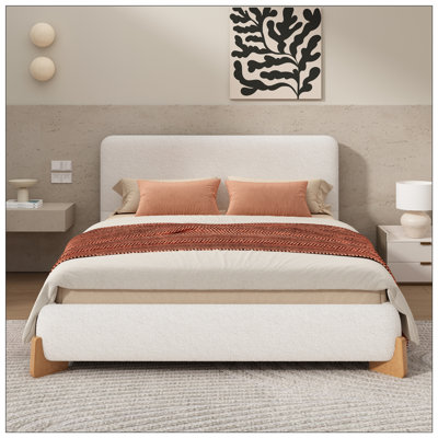 King Elegant Boucle Upholstered Bed - White