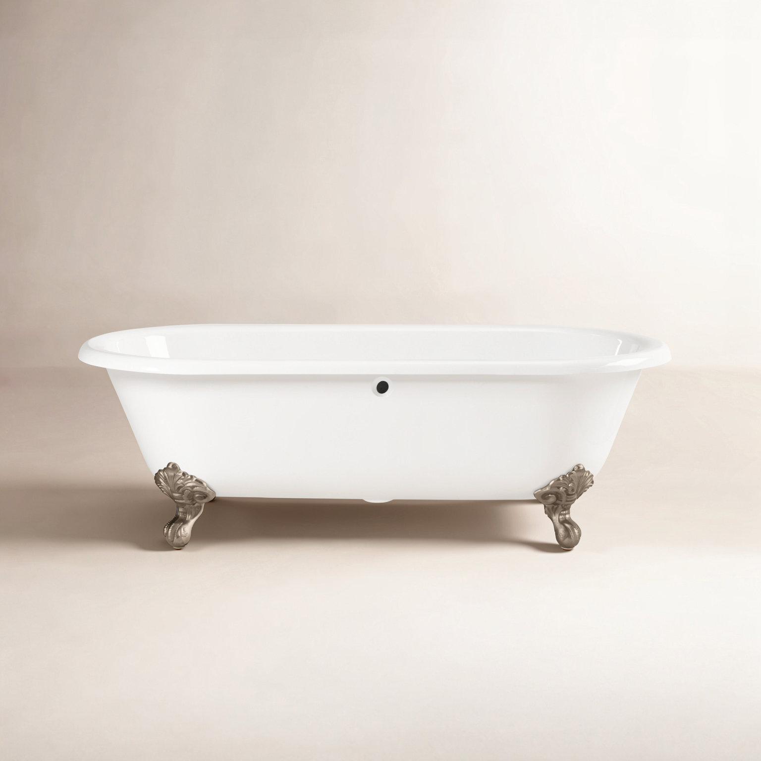 Kristin 70" Clawfoot Cast Iron Bathtub, White, Continuous Rolled Rim - No Faucet Holes, Brushed Nickel Feet