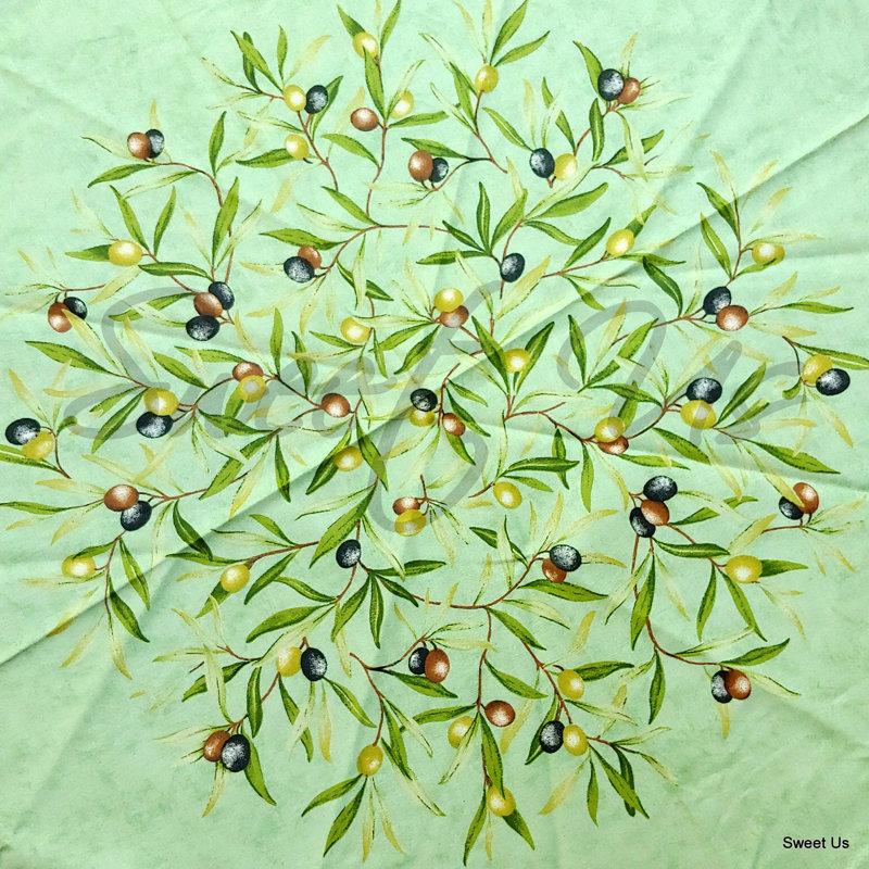 Wipeable Stain Resistant Acrylic Coated Cotton Provencal Olives Floral Round Tablecloth Collection, Green
