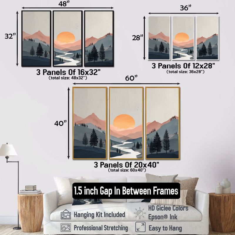 Coucher de soleil d'été dans les montagnes - ensemble de reproductions d'art mural grand bord de mer, H 40 po x l 60 po
