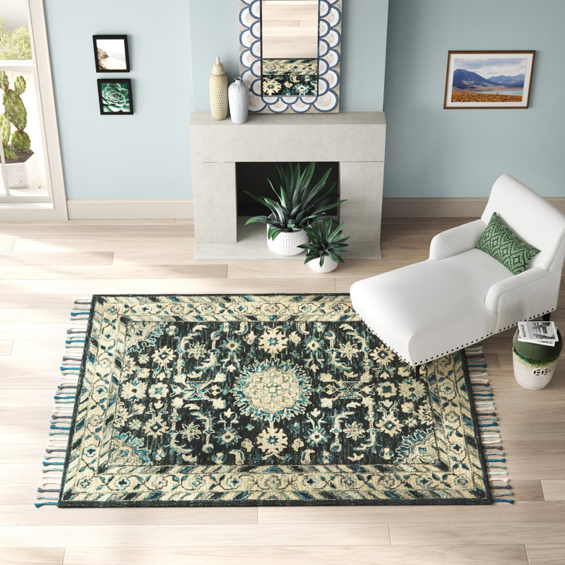 Tapis bleu sarcelle / beige / gris foncé Leyna, Rectangle 7 pi 9 po x 9 pi 9 po