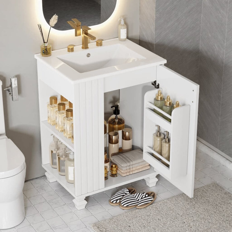 Meuble-lavabo classique 24 po avec lavabo en céramique - Structure en bois de pin massif, porte à fermeture en douceur avec tablette à 2 niveaux, espace de rangement latéral ouvert et sous-lavabo, armoire autoportante pour petites salles de bain