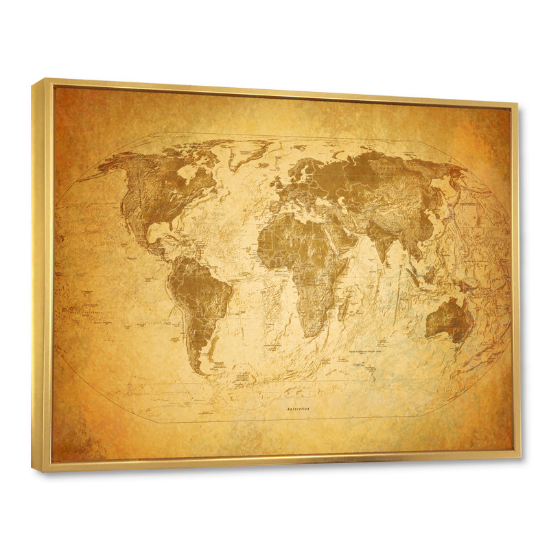 Ancienne carte du monde X - reproduction de cadre flottant sur toile, H 16 po x l 32 po x p 1 po, Or