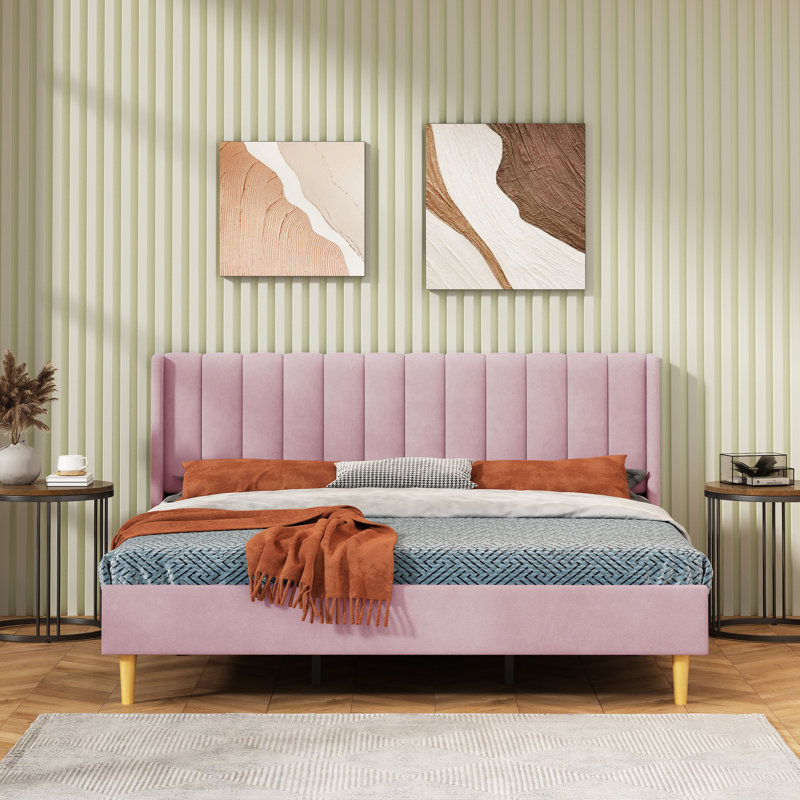 Upholstered Platform Bed Frame with Channel-Tufted Headboard, Strong Wood Slats, No Box Spring Needed, Noiseless Wood Foot, Easy Assemble