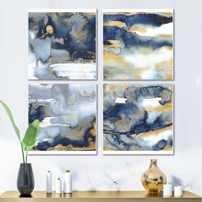 «Dark Blue and Gold Abstract II», ensemble d'art moderne sur toile 4 pièces