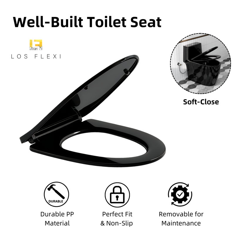 Black Toilet with Rimless Swirl Flush, Los Flexi 17.3" ADA Modern Elongated & Comfort One Piece Toilets For Bathrooms, Dual Flush 1.0/1.28 GPF, Soft-Close Seat & 12" Rough-In