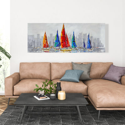 Bateau coloré près d'une ville grise - chambre à coucher, art sur toile