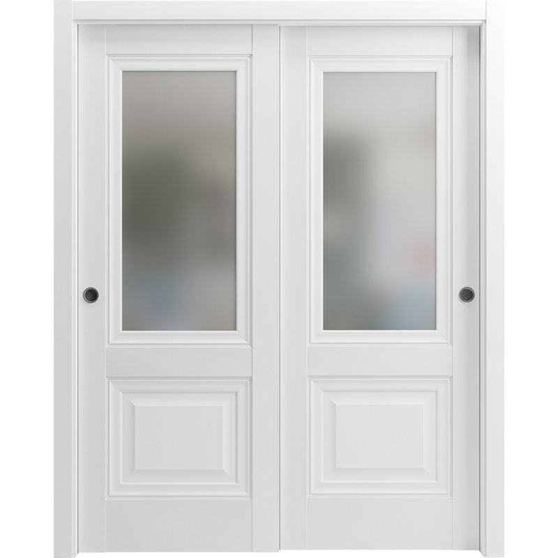 Portes coulissantes de placard avec quincaillerie Lucia 8822 Blanc Soie avec verre dépoli opaque, rails robustes, moulures et garnitures, ensemble pour portes de placard de chambre à coucher en bois massif léger - 183 cm x 213 cm (2 x 91 cm x 213 cm) - Verre dépoli