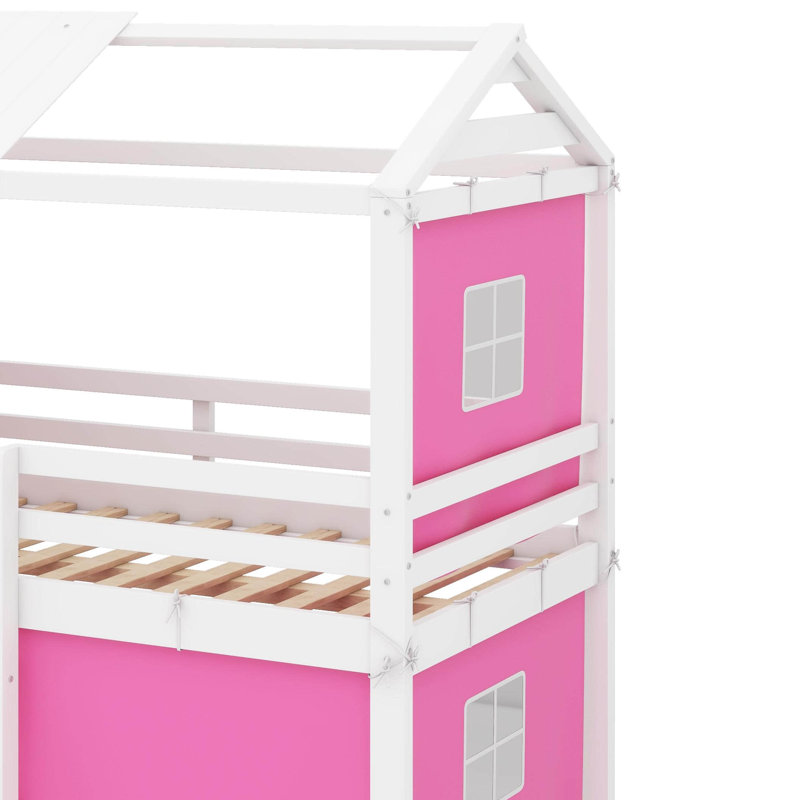 Lit double superposé en bois avec tente, Double, Rose / blanc
