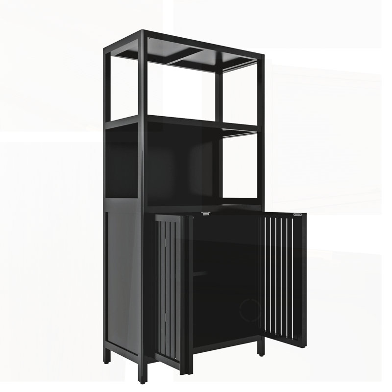 Bamboo Storage Cashion with 2 Doors, Floor Organizer for Bathroom, Living Room, and Kitchen, Black