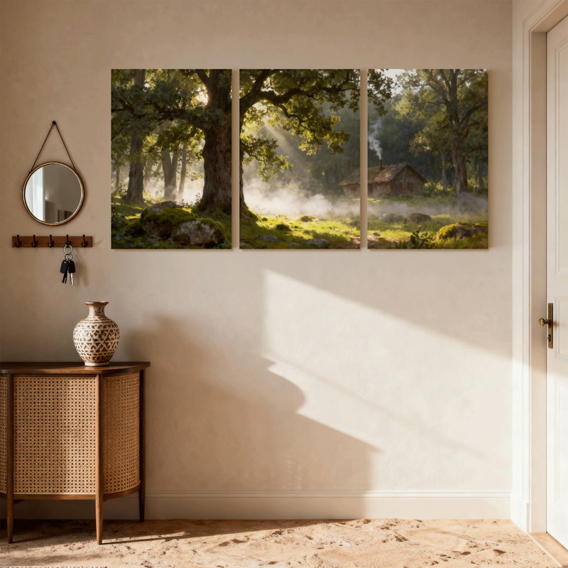 Scénario et paysages urbains, soleil, forêt, chalet, brume, matin, arbres, nature paisible, H 18 po x l 36 po