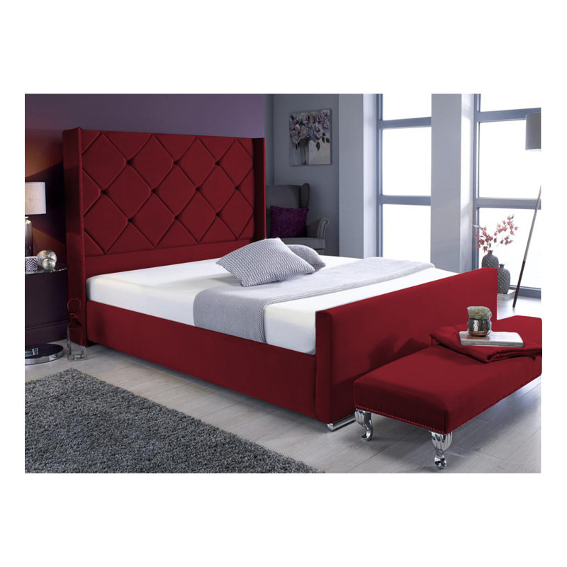 Descanso Chesterfield Velvet Upholstered Bed Frame - Buttoned Headboard, Chrome Feet, Burgundy, Single (3')