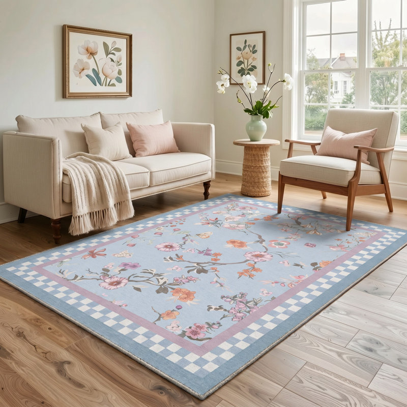 Tapis de sol performant à poils courts, lavable et antidérapant, à motif floral bleu/rose, Rectangle 10' x 14'