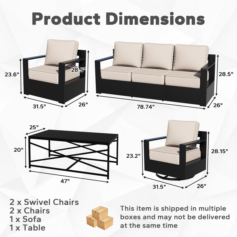 Ensemble de patio d'extérieur en aluminium 6 pièces avec canapé, 4 chaises et table basse Abdullah, coussin beige, Beige