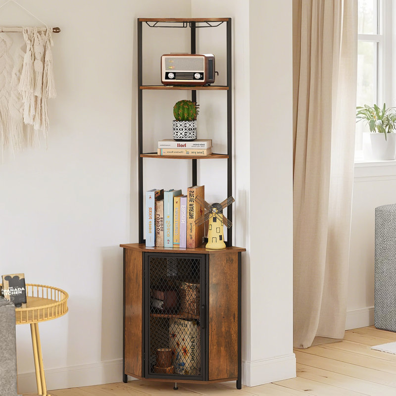 5-Tier Bookshelf Corner Shelf with Door and Storage Shelves, Tall Storage Cabinet, Display Shelves Rack For Living Room, Kitchen