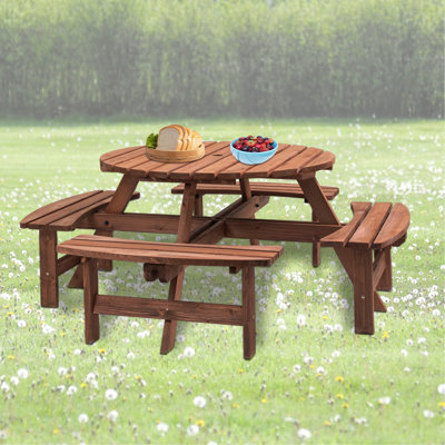 8 Person Wooden Picnic Table, Outdoor Camping Dining Table With Seat, Garden, DIY W/ 4 Built-In Benches, 2220Lb Capacity