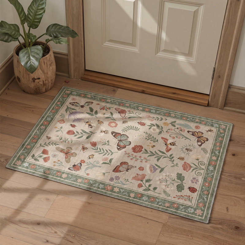 Adonis Elyra Boho Machine Washable Beige / Green Indoor Area Rug with Non-Slip Backing, Rectangle 8' x 10'