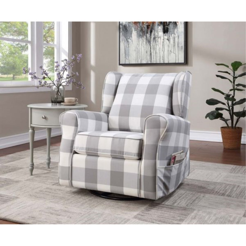Gray Plaid Swivel Accent Chair with Wood Frame