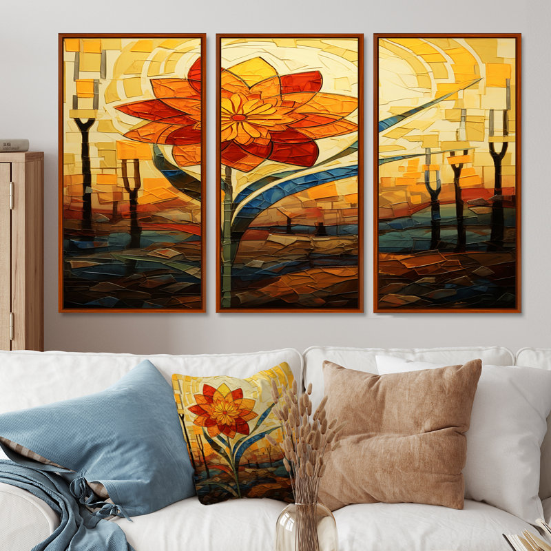 Ensemble de salon art mural rouge et jaune, Cadre flottant brun, H 32 po x l 48 po x P 1 po