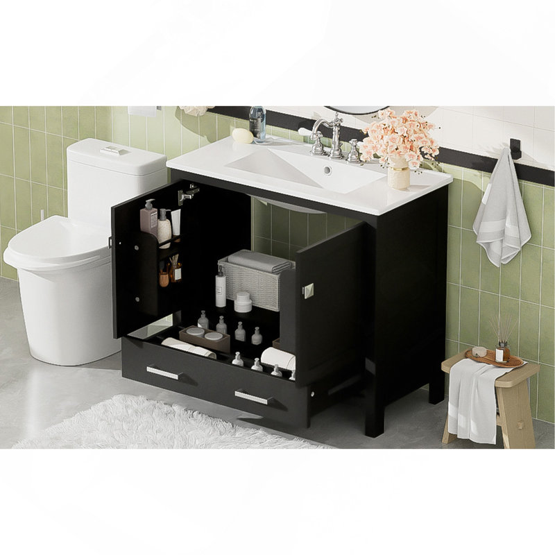 Meuble-lavabo moderne 36 po avec lavabo en céramique, portes à fermeture en douceur, tablettes doubles et tiroir divisé - Armoire de salle de bain moderne avec rangement