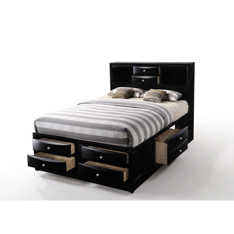 Lit de rangement double en noir, version - 8 tiroirs, sans sommier, bois accumulé noir avec installation, méthode et procédé de liaison de motifs