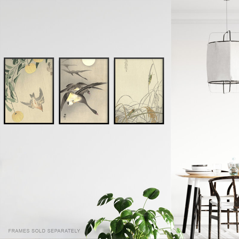 Addelynne Kacho-e Bird Flower Cuckoo Geese Paintings Art 3 Piece Wall Art, 29.7" H x 21" W x 0.4" D
