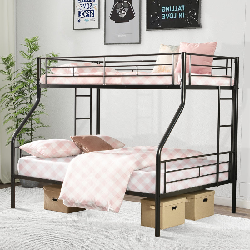 Metal Twin Over Full Bunk Bed With Trundle, Ladder, Full-Length Guardrails, Noise-Free, No Box Spring Required