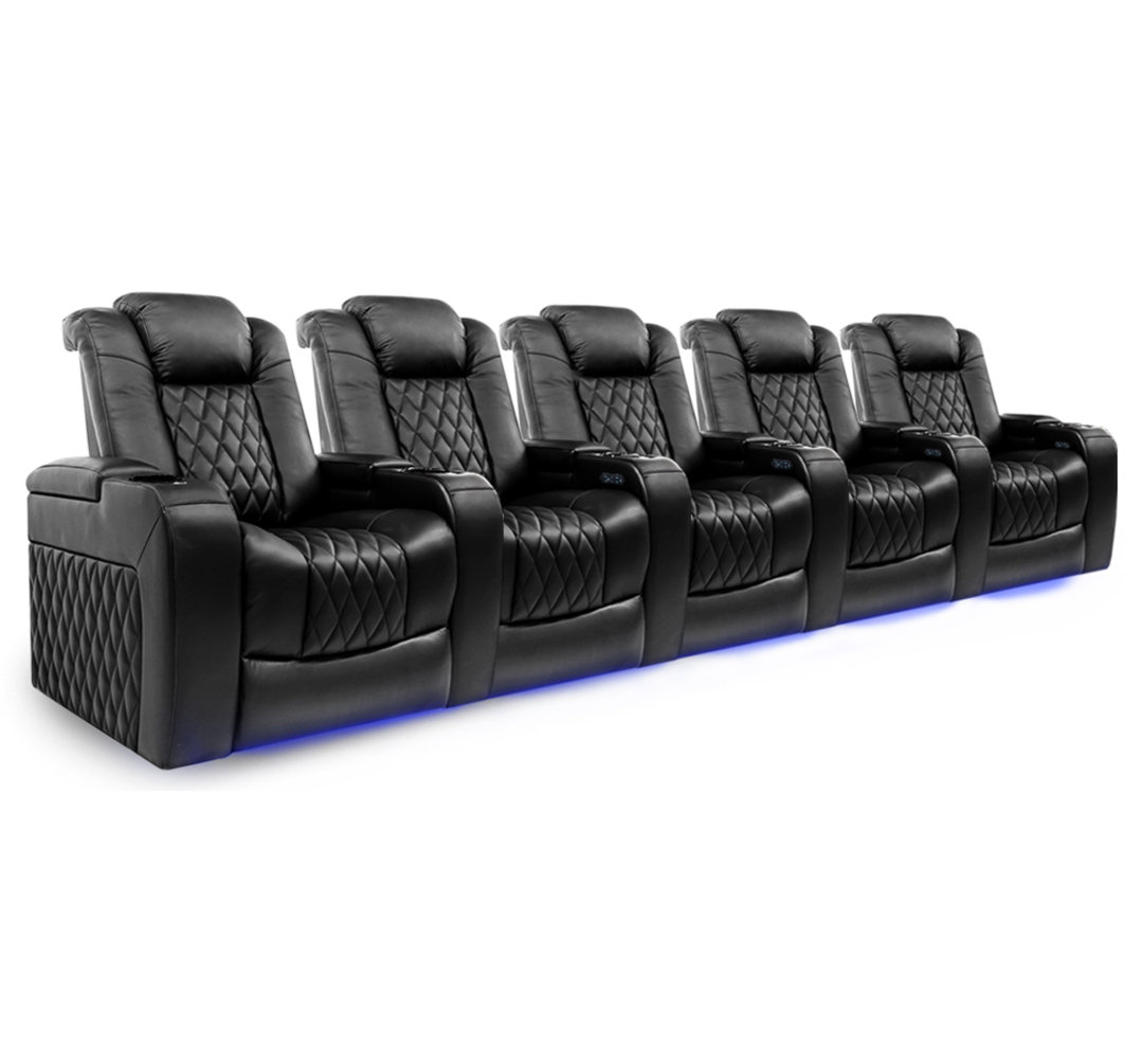 160.5" Wide Genuine Leather Power Recliner Home Theater Seating with Cup Holder Arlmont & Co. 