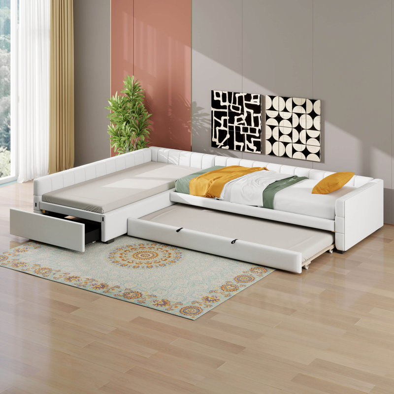 Lit de jour en L avec couchette et tiroir, lit d'angle rembourré pour adolescents, Beige