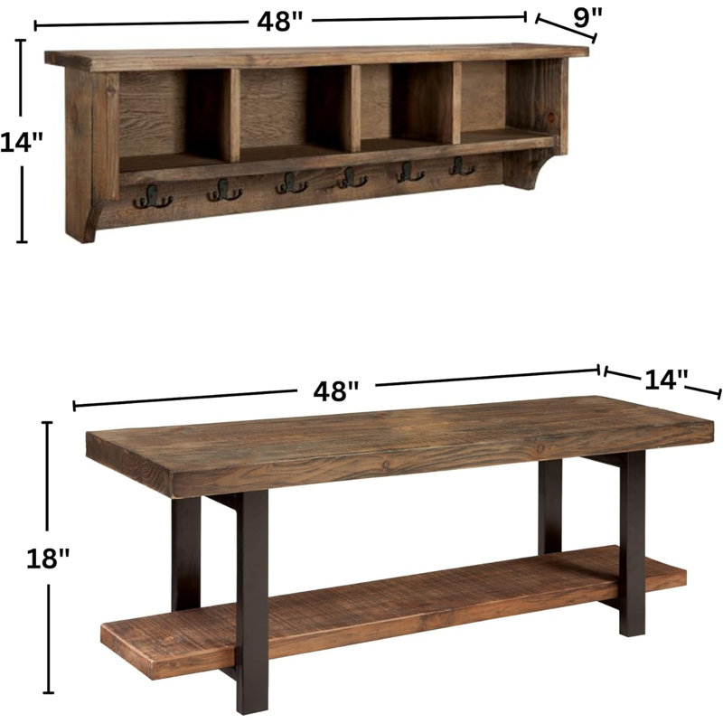 Pomona 2-Piece Entryway Organizer Set – 48” Bench with Shelf & Wall-Mounted Coat Hook with Cubbies, Natural