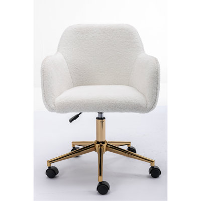 360 Revolving Home Office Chair With Adjustable Height, Gold Metal Legs, Universal Wheel, White , Foam Filled, Wool Fabric Height And Revolving, Material