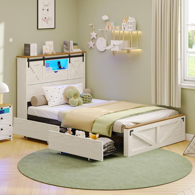Farmhouse Bed Frame With 2 Storage Drawers, Wooden Platform Bed With Led Lights And Charging Station, Rustic Headboard With Sliding Barn Door Storage Cabinets