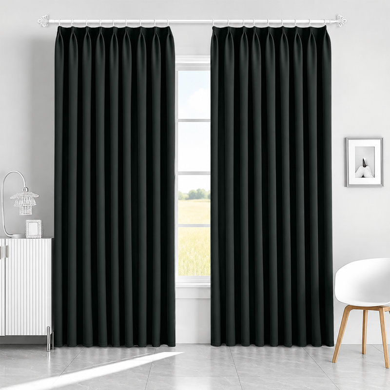 Blackout Pencil Pleat Curtains - Thermal Insulated, Light Blocking Window Drapes, Black, 228cm Width x 183cm Drop