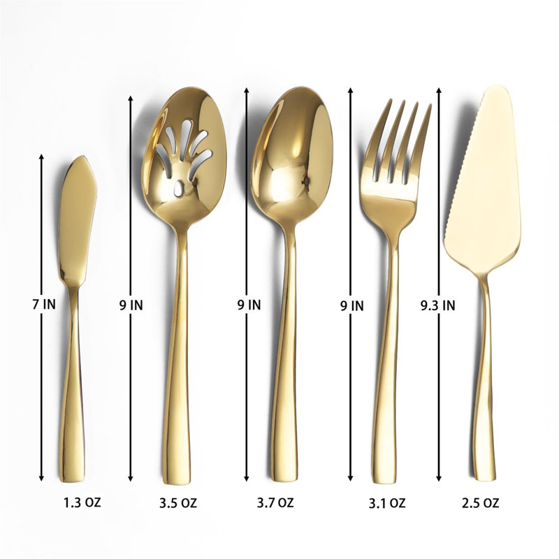 Grand ensemble de service d'hôtesse en acier inoxydable robuste avec cuillères de service, cuillères rainurées, fourchette, gâteau, or