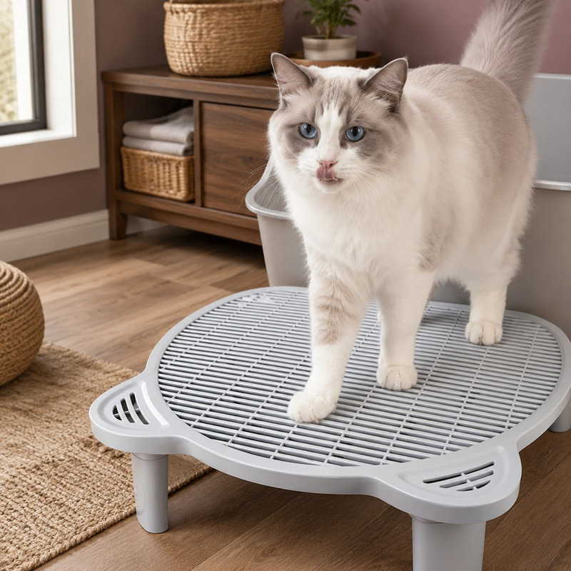 Light gray adjustable litter box step with a filter function, built as an elevated double-layer ramp for kittens and old cats; the easy-clean step stool is designed for automatic cat litter boxes.
