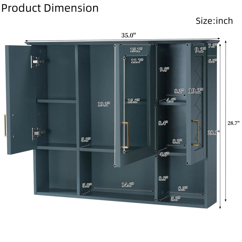 Armoire de salle de bain avec miroir 35 po 2 en 1 | Armoire à pharmacie murale avec tablettes réglables et portes à fermeture en douceur | Miroir haute définition avec motif tissé sculpté et rangement dissimulé pour meuble-lavabo